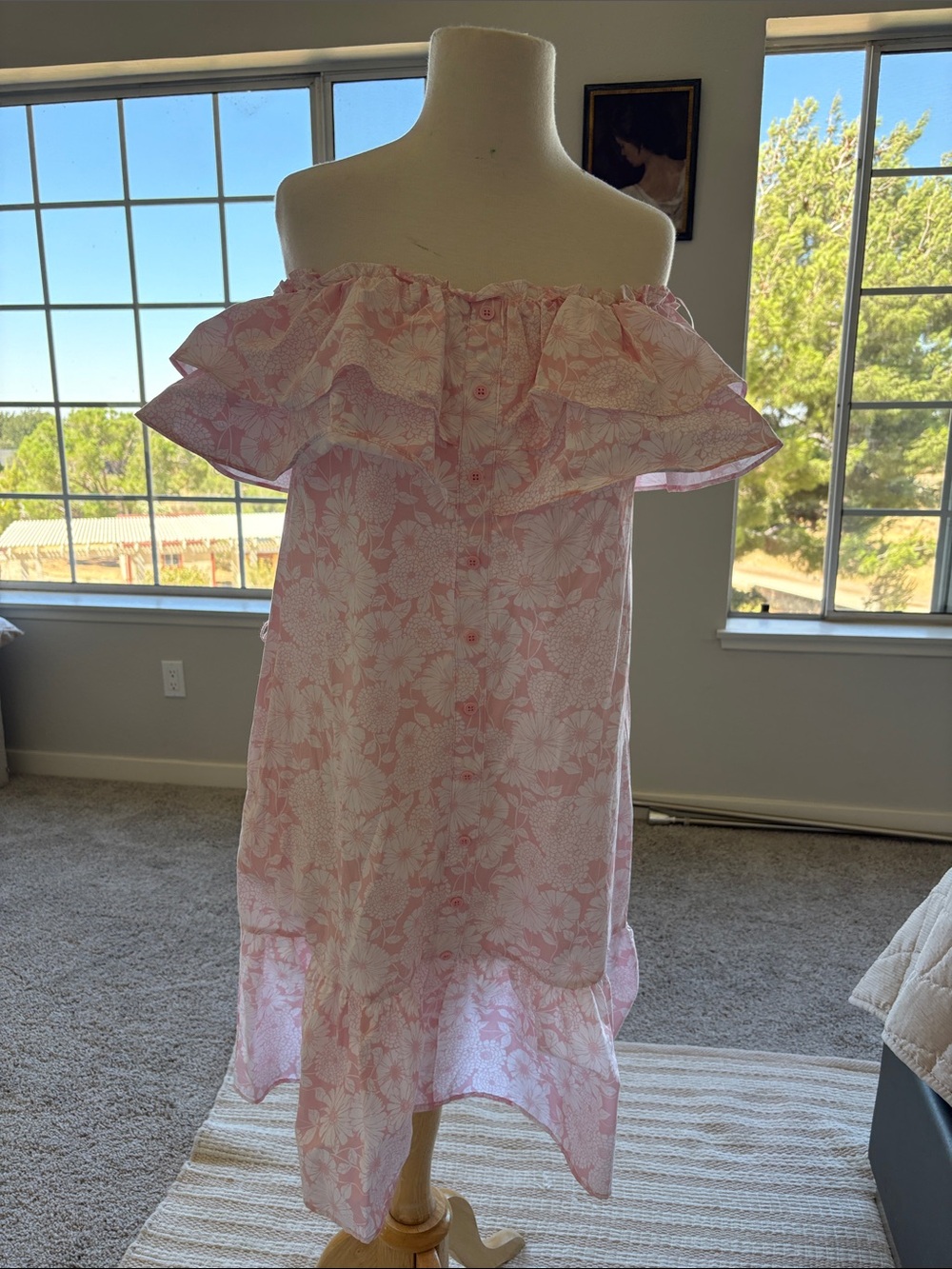 Lisa Marie Fernandez Pink Floral Off-Shoulder Ruffle Dress